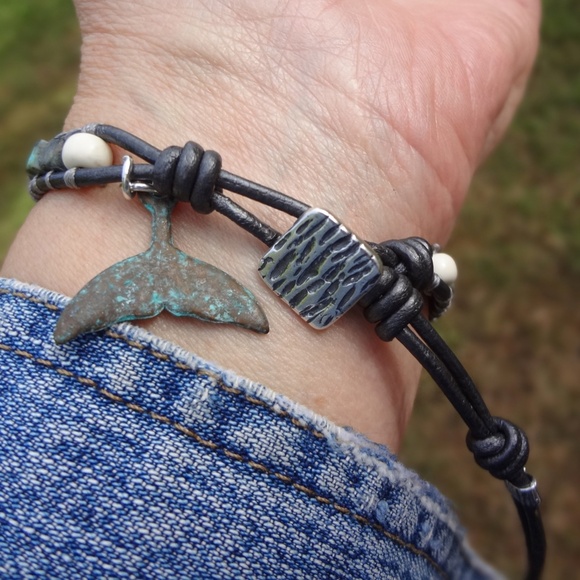 Gray Leather Wrap Bracelet w/Turquoise, Olive Jade & Sterling Silver -UNISEX - Picture 3 of 10